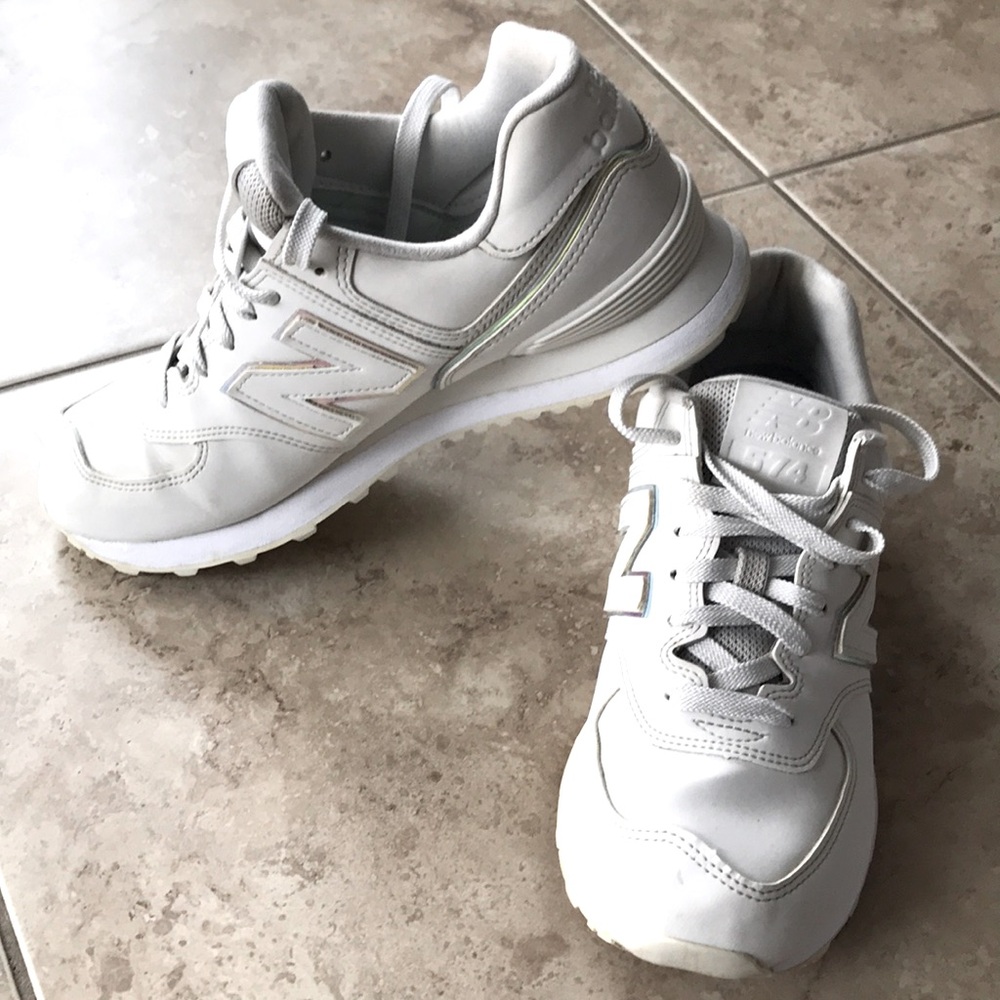 New Balance 574 White & Iridescent Detail Sneakers Size 8.5